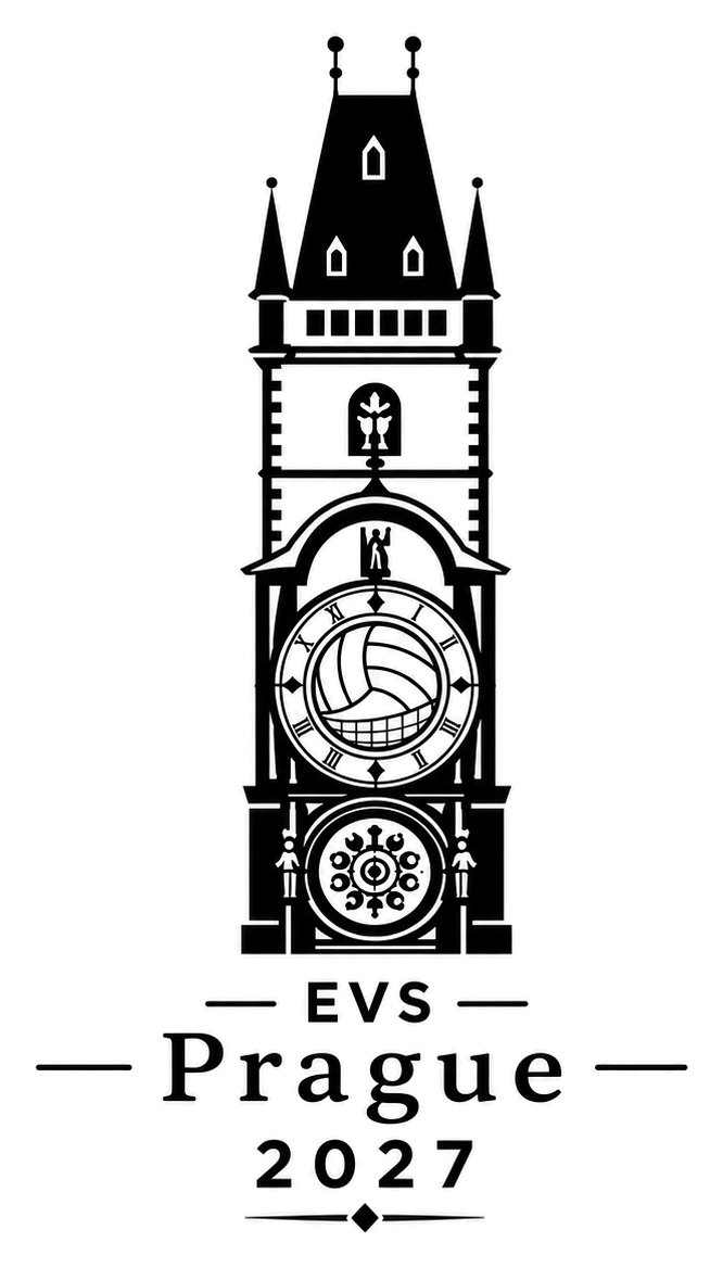 EVS Prague 2027 logo with the Prague Astronomical Clock and a volleyball motif